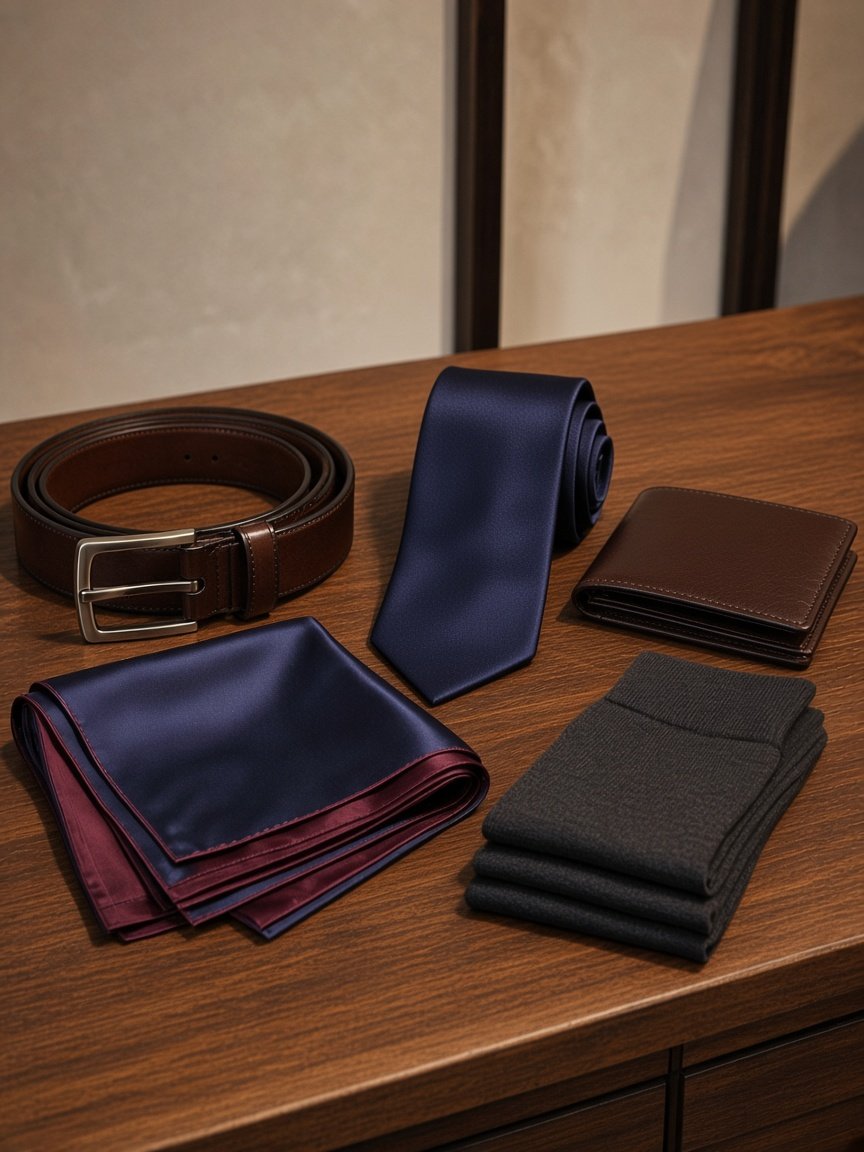 Cognac leather belt, navy silk tie, pocket square, wallet and dress socks on a shop counter