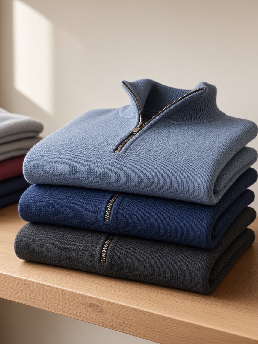 Folded quarter-zip sweaters stacked in light blue, navy and charcoal