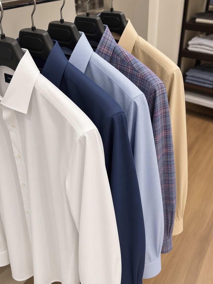 Row of dress shirts on hangers in white, navy, blue and plaid