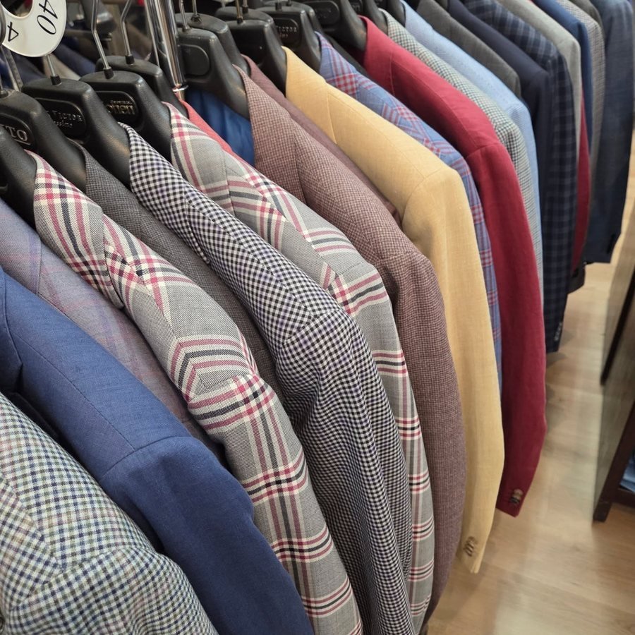 Rack of patterned sport coats in store at Buragina's