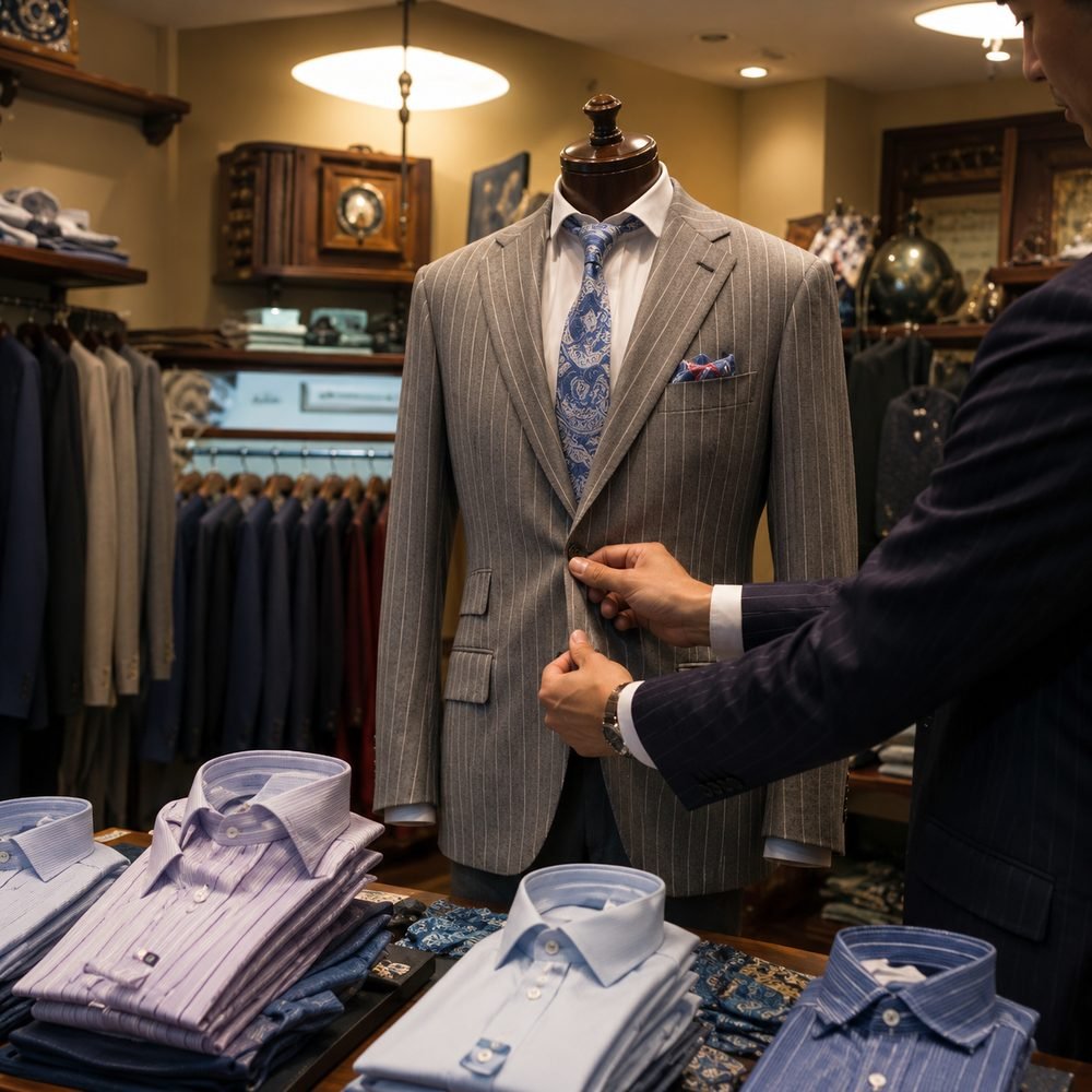 Clothier adjusting a pinstripe suit jacket on a mannequin