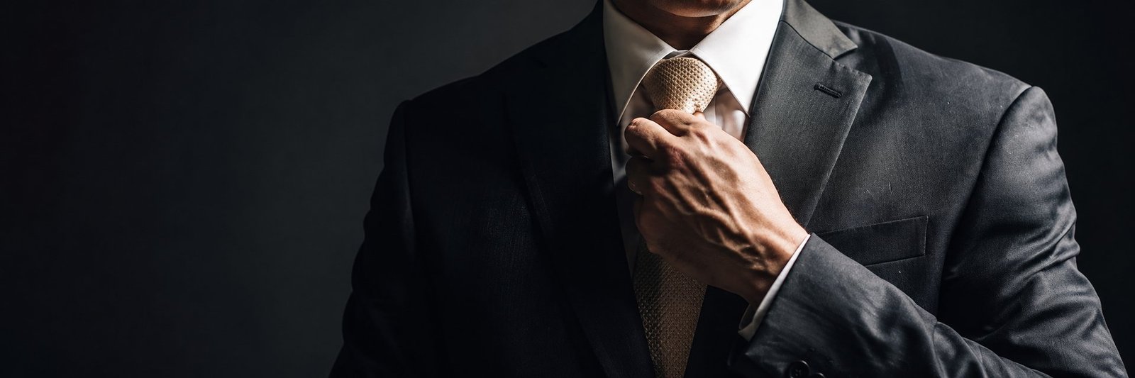 Man in a charcoal suit straightening a champagne silk tie