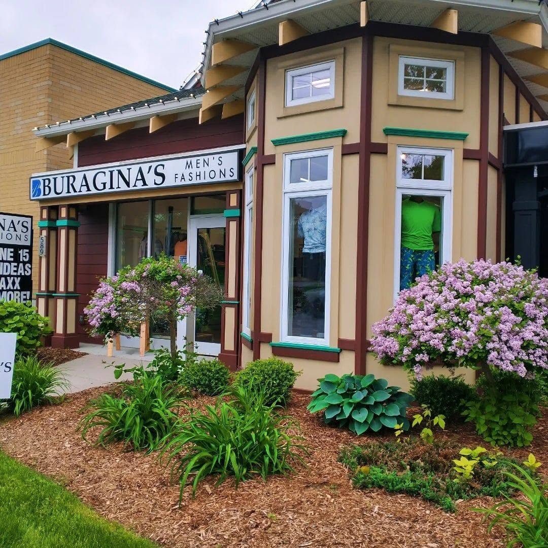 Buragina's storefront on Oxford Street East with lilacs in bloom